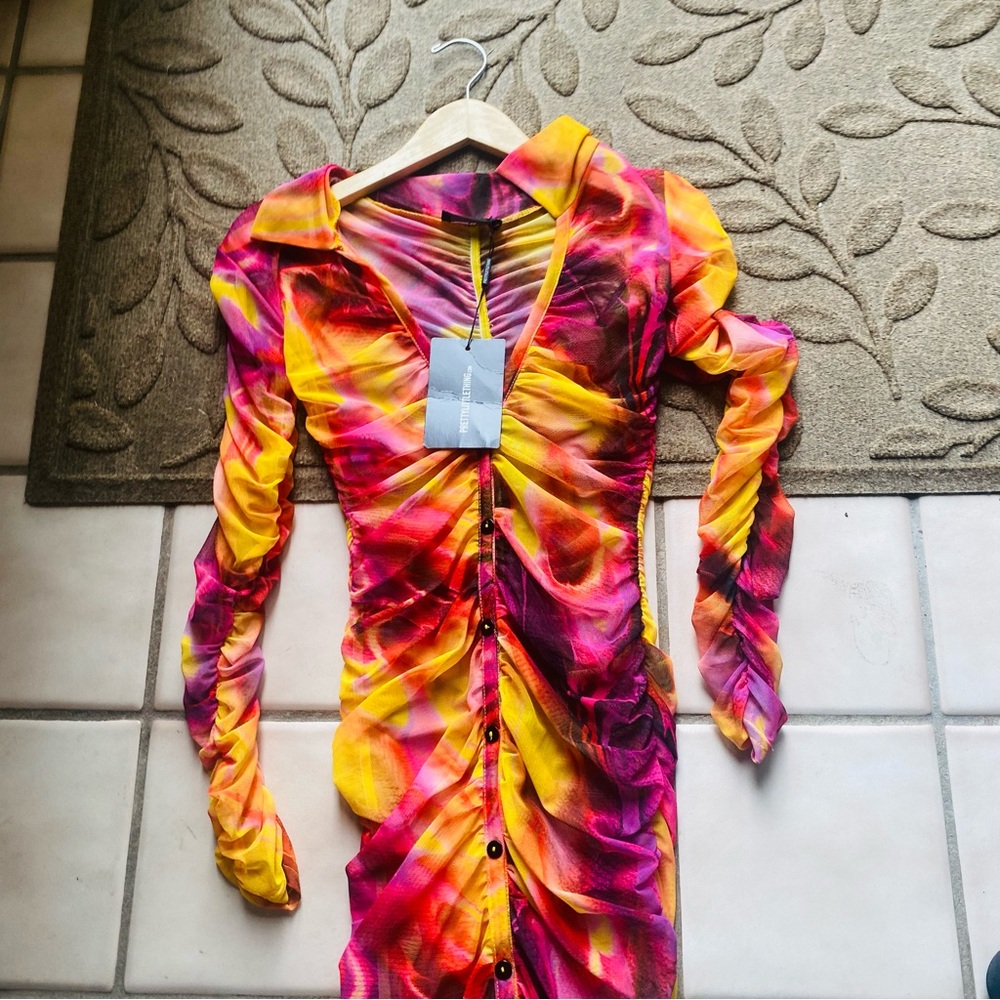 ⭐️ PRETTYLITTLETHING NWT Brown Tiger Printed Ruched Midi Dress Button Down - Picture 6 of 11